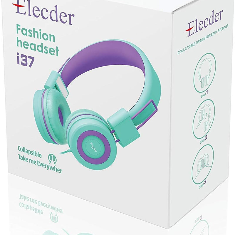 ELECDER i37 Kids Headphones for School Children Girls Boys Teens, Green | Foldable Adjustable Lightweight, 3.5mm Audio Jack On Ear Headphones for Smartphones Chromebook Computer PC Tablets Travel