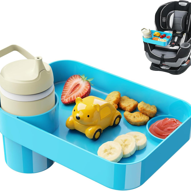 Car Seat Snack Tray for Toddlers - 3 Inch Cup Holder Fits Most Sippy Cups & Straw Bottles with Dip Well, Mess-Free Square Kids Travel Tray Road Trip Essentials, Black