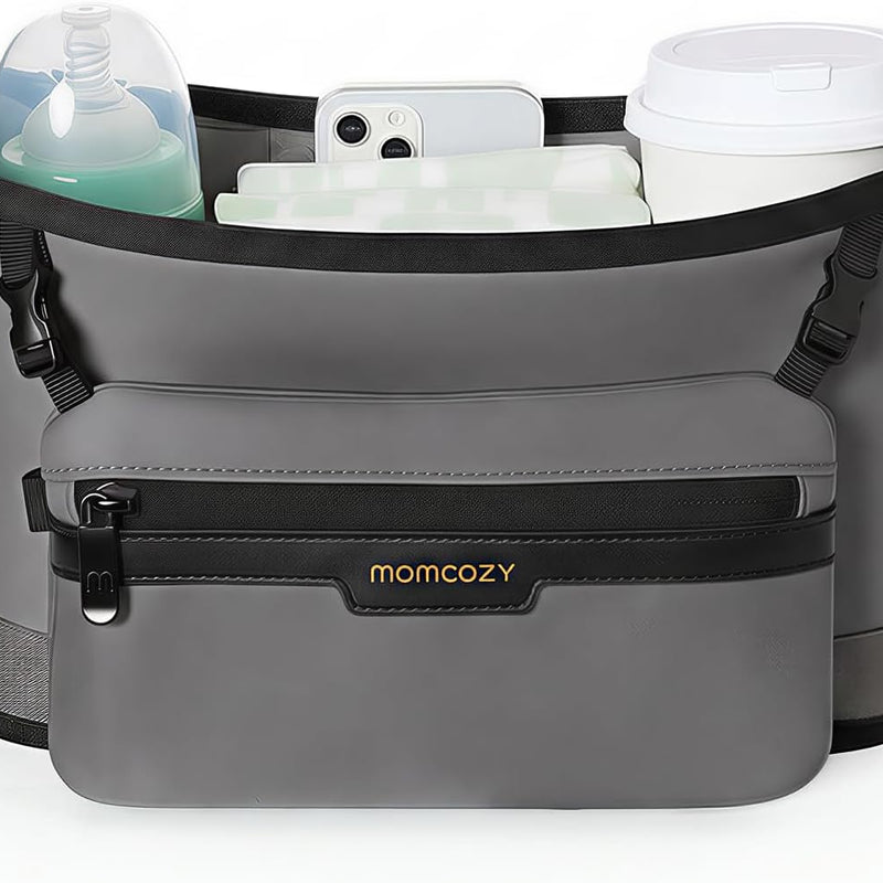 Momcozy Slim Stroller Organizer with 2 Insulated Cup Holders | Non-Slip Silicone Straps with Detachable Mini Pouch, Dense-Weave Parent Console, Fits UPPAbaby, Doona, Graco and More