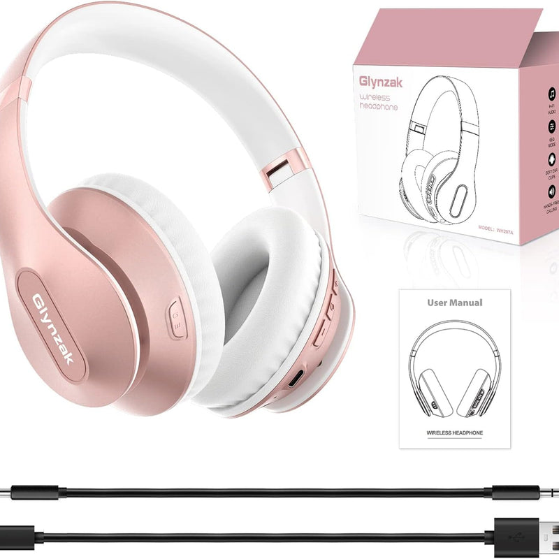 Wireless Bluetooth Headphones Over Ear 65H Playtime HiFi Stereo Headset with Microphone and 6EQ Modes Foldable Bluetooth V6.0 Headphones for Travel Smartphone Computer Laptop Rose Gold