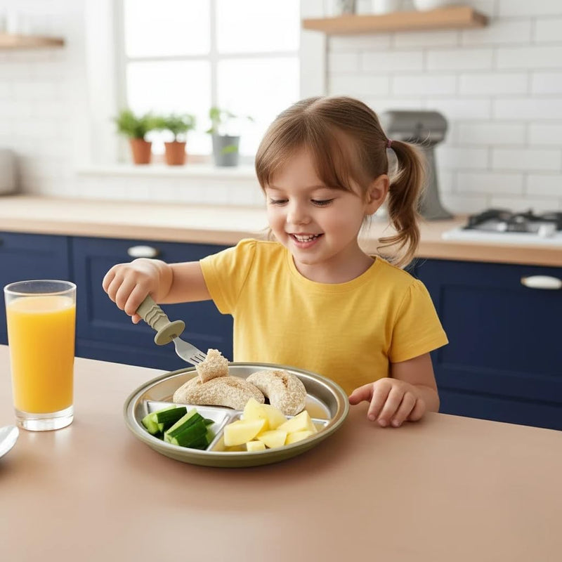 PandaEar 8PCS Baby Feeding Set | Stainless Steel Suction Plates and Bowls with Silicone Fork and Spoon Utensils | Baby Led Weaning Tableware for Toddlers & Kids (Tan & Walnut)