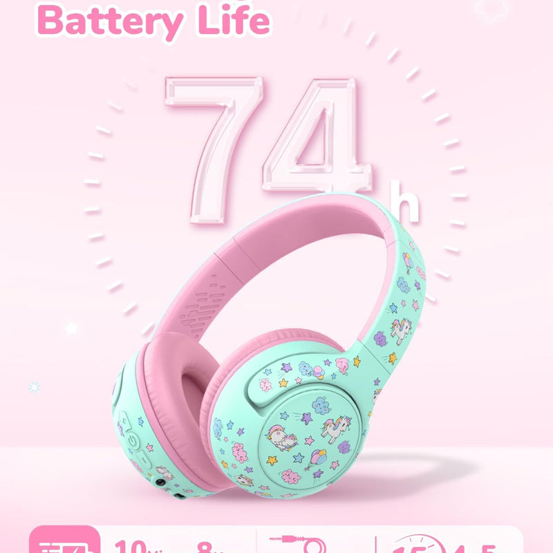 iClever BTH27 Toddler Headphones for 2+ Year Old Baby Kids Travel Study | SafeSound Tech3.0, 74H Playtime, Bluetooth 5.4, BPA Free, Aux, Soft Baby Headphones, Easy Operation, Adjustable, Green/Pink