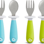 Munchkin® Raise™ Toddler Fork and Spoon Utensil Set, Rest Keeps Tip Off Table, BPA Free, 4 Pack, Blue/Green