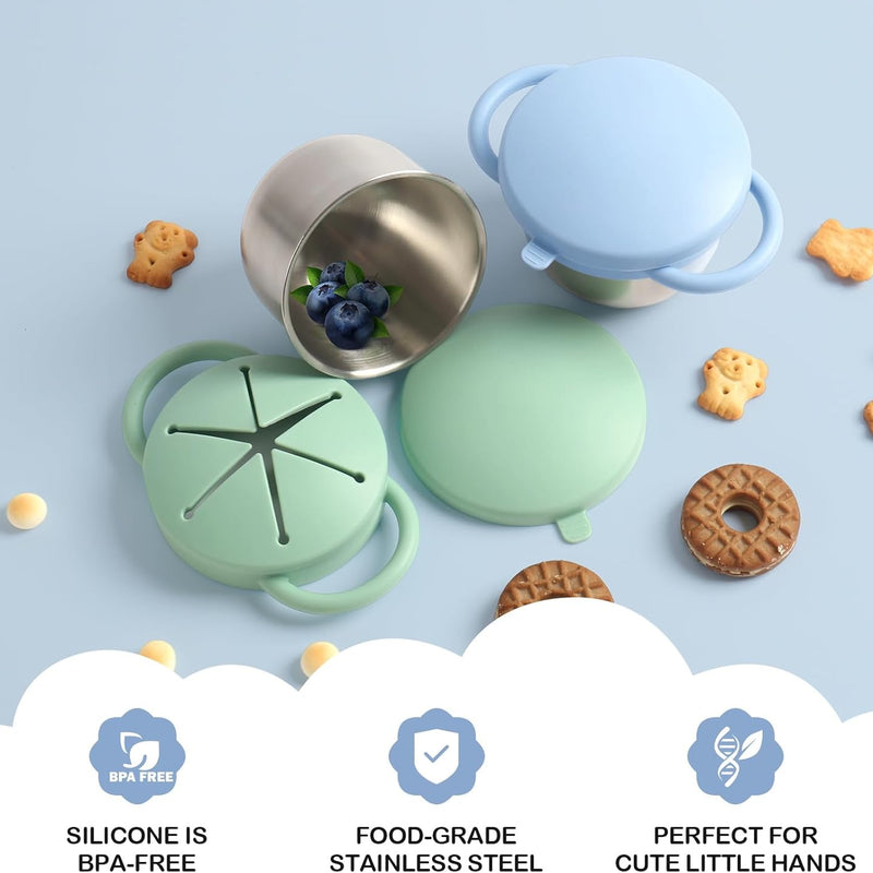 2 Pack Snack Cups for Toddlers Spill Proof - Detachable Stainless Steel Toddler Snack Cups with Silicone Lids & Handles - Dishwasher Safe Snack Container for Mess-Free Snacking（Blue-purple and Green)