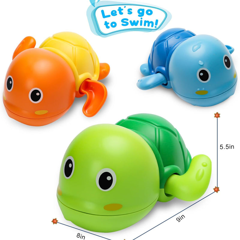 3 pack cute swimming turtle bath toys for toddler 1-3 with wind up mechanism and bright colors