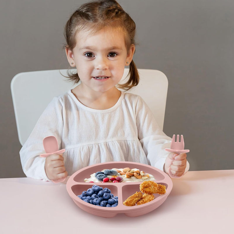 Eascrozn 2 Pack Divided Toddler Plates with Suction, Spoons and Forks Set | BPA Free, Silicone Feeding Set, Baby Led Weaning Supplies, Baby Utensils for Feeding Essentials, Dishwasher Safe
