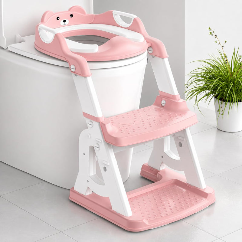 Meulife Potty Training Seat, Upgrade 2 in 1 Potty Training Toilet for Toddler, Toddler Toilet Seat for Boys Girls with Support Bar, Anti-Slip Pad and Step Stool (Pink)