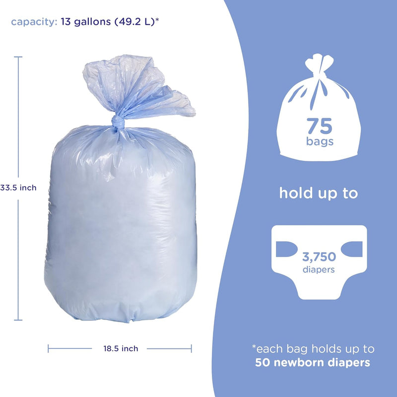 Ubbi Diaper Pail Plastic Bags, 13-Gallon Capacity, 3 Pack, 75 Count | Disposable Baby Waste Bags, Made from 50% Recycled Material, Each Bag Holds Up To 50 Newborn Diapers