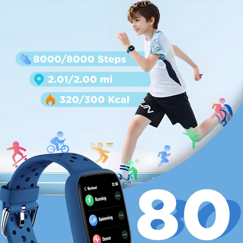 BIGGERFIVE 1.8" Kids Smart Watch, Fitness Tracker, Heart Rate Monitor, Sleep Tracker, IP68 Waterproof, Puzzle Games for 5-16 Year Old Girls Boys Teens, Blue