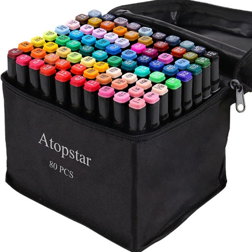 ATOPSTAR 80 Colors Alcohol Markers Pens Artist Drawing Art for Kids Dual Tip Adult Coloring Painting Supplies Perfect Boys Girls Students Adult(80 Black Shell)