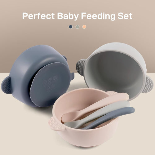 Eascrozn 3 Pack Baby Bowls with Suction and Baby Spoons, BPA Free | Silicone Baby Feeding Set, Baby Utensils Feeding Supplies for Babies Toddlers Kids, Microwave and Dishwasher Safe