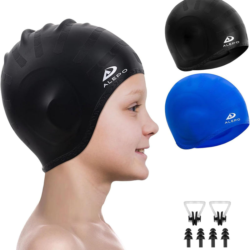 Alepo 2 Pack Kids Swim Caps for Boys Girls, Durable Silicone Swimming Cap with 3D Ear Pockets for Age 3-15 Toddler Child Youth Teen, Unisex Swim Bath Hats for Short/Long Hair with Ear Plugs Nose Clip