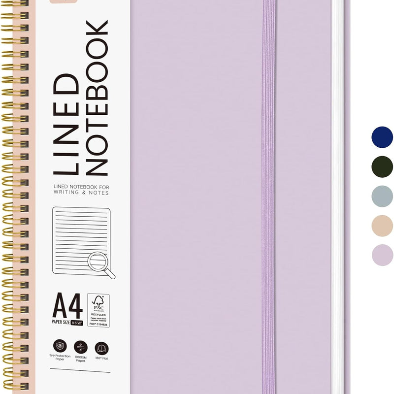 Taja Spiral Lined Notebook, 8.5"x11" Notebooks for Work, Large A4 Journal for Women & Men, College Ruled Journaling Notebook for Writing, Plastic Cover Spiral Journal, Purple