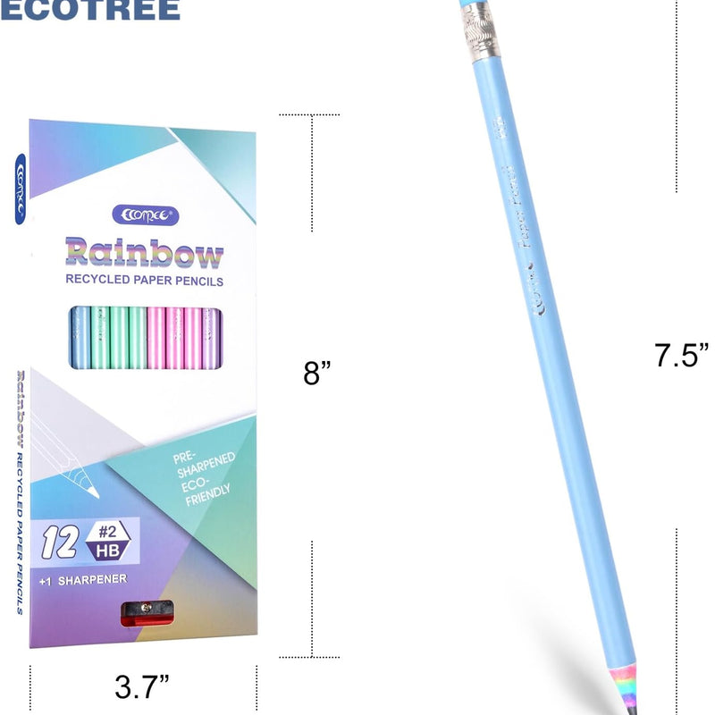 ECOTREE Pre-Sharpened Pencils #2 Cute Number 2 Pencils with Erasers for Kids Eco Rainbow Paper Pencil for School, Writing, 12 Count