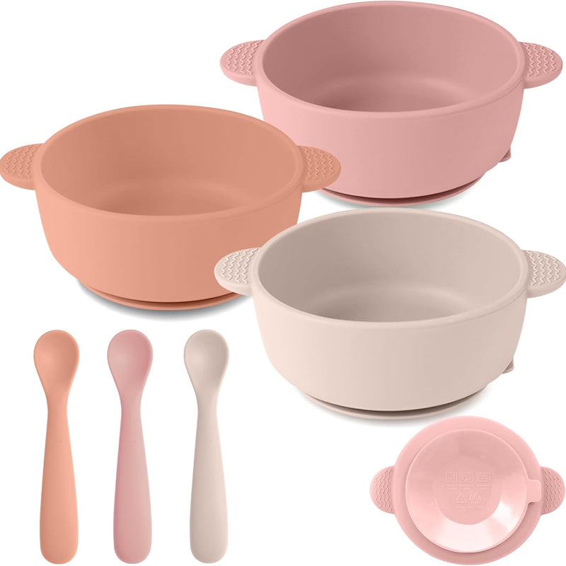 Eascrozn 3 Pack Baby Bowls with Suction and Baby Spoons, BPA Free | Silicone Baby Feeding Set, Baby Utensils Feeding Supplies for Babies Toddlers Kids, Microwave and Dishwasher Safe
