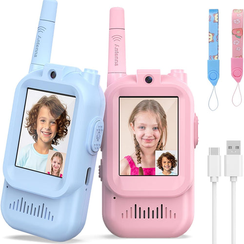 Rechargeable Long Range Walkie Talkies for Kids, 2 Pack, Age 3-5, Outdoor Use, Video and Voice Chat, Pink and Blue Design