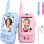Rechargeable Long Range Walkie Talkies for Kids, 2 Pack, Age 3-5, Outdoor Use, Video and Voice Chat, Pink and Blue Design