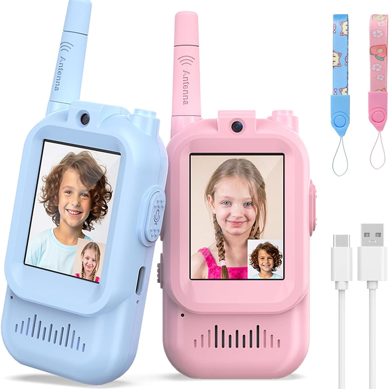 Rechargeable Long Range Walkie Talkies for Kids, 2 Pack, Age 3-5, Outdoor Use, Video and Voice Chat, Pink and Blue Design