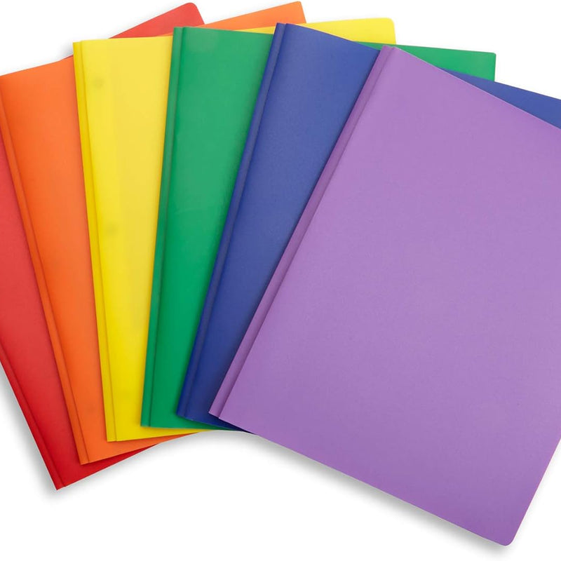 Blue Summit Supplies 6 Pack Multicolor Plastic Folders with Pockets and Prongs, 2 Pocket Plastic Folders with Prongs and Brads for School, Home, and Work