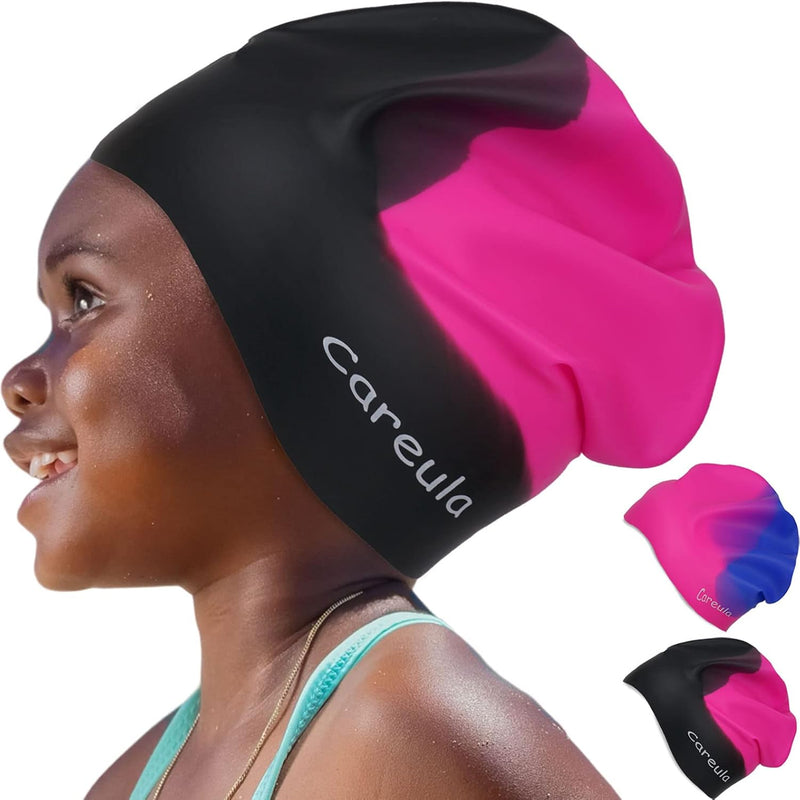 2 Pack Kids Swim Cap for Long Hair, Large Silicone Waterproof Swimming Cap for Age 3-15 Kids Girls Boys Toddler Children Youth Teen, Swim Hat for Braids and Dreadlocks, Keep Hair Dry