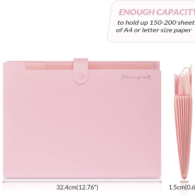 SKYDUE Expanding File Folder, Accordion File Organizer with 8 Pockets, Expandable Document Paper Receipt Holder for School Office Hospital, Letter/A4 Size Pink