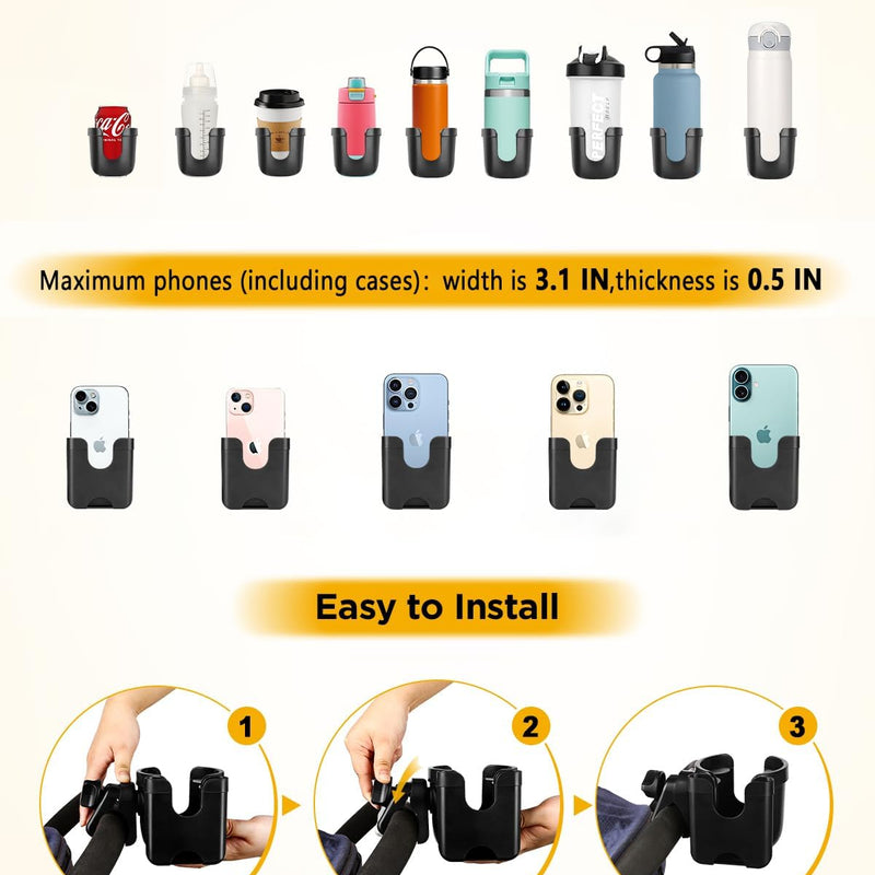 Universal Stroller Cup Holder with Mobile Phone Case, 2-in-1 Strollers Storage Rack, 360 Degrees Rotation Drink Holder for Bike, Pushchair, Wheelchair, Walker,Bicycle, Fits Most Cups