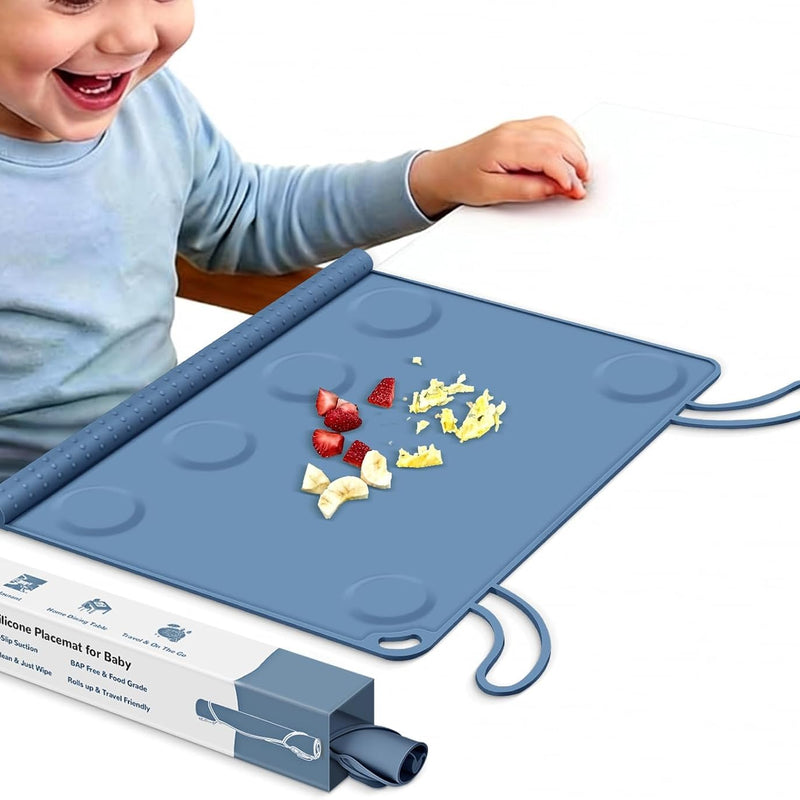 Silicone Placemat for Toddler Eating: Wipe Clean & Roll Up in The Diaper Bag - Table Mat for Restaurant/Travel/On-The-Go