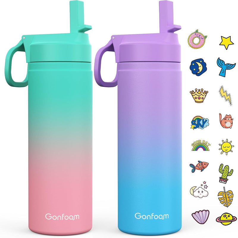Gonfoam 16oz Kids Stainless Steel Insulated Water Bottle, 2 Pack | DIY Stickers, BPA-free, Leak-proof, Sturdy, Keeps Cold 24h, Easy to Carry, Easy to Clean, Back to School, Gifts