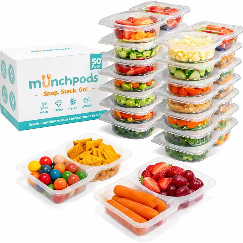 Reusable Snack Containers with Lids 20 Pack (40 Pieces) Portion control, Snack Pack Containers 2 Double Compartment Snack Containers for Kids On the Go Meals, Camping Snack Tray Prep