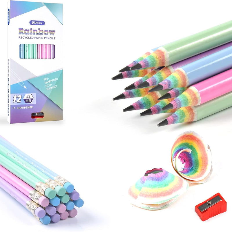 ECOTREE Pre-Sharpened Pencils #2 Cute Number 2 Pencils with Erasers for Kids Eco Rainbow Paper Pencil for School, Writing, 12 Count