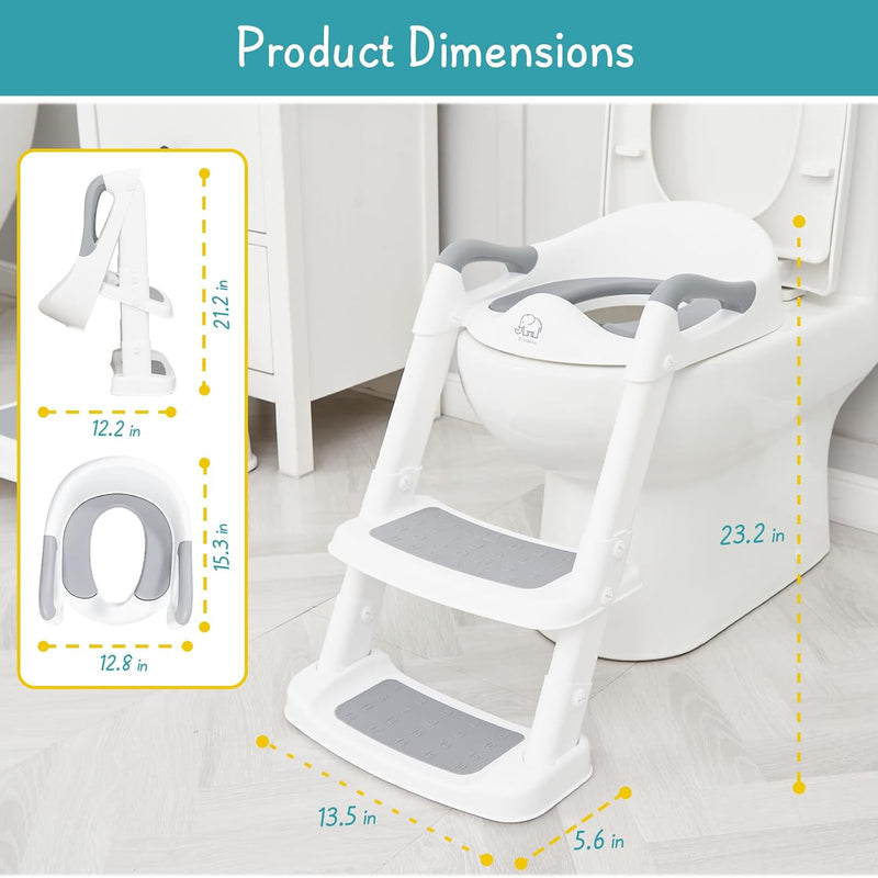 Forbena Potty Training Toilet Seat with Step Stool Ladder, Toddler Kids Potty Seat for Boys Girls, Non Slip Foldable Toilet Training Seat with Soft Cushion, Comfortable Handles (White-Grey)