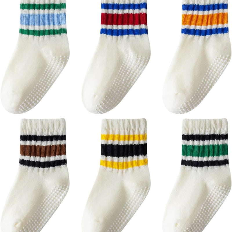 Toddler Grip Socks with Non-Slip Unisex Baby Stripe Crew Cotton Socks | Retro Seamless Ankle Socks for Girls Boys 6 Pairs