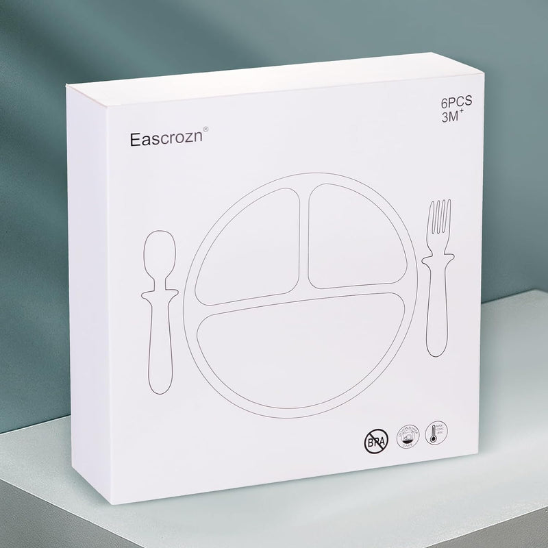 Eascrozn 2 Pack Silicone Suction Plates for Baby, Spoons and Forks Set | Baby Feeding Set, Divided, BPA Free, Baby Led Weaning Supplies for Toddler Utensils, Dishwasher Safe