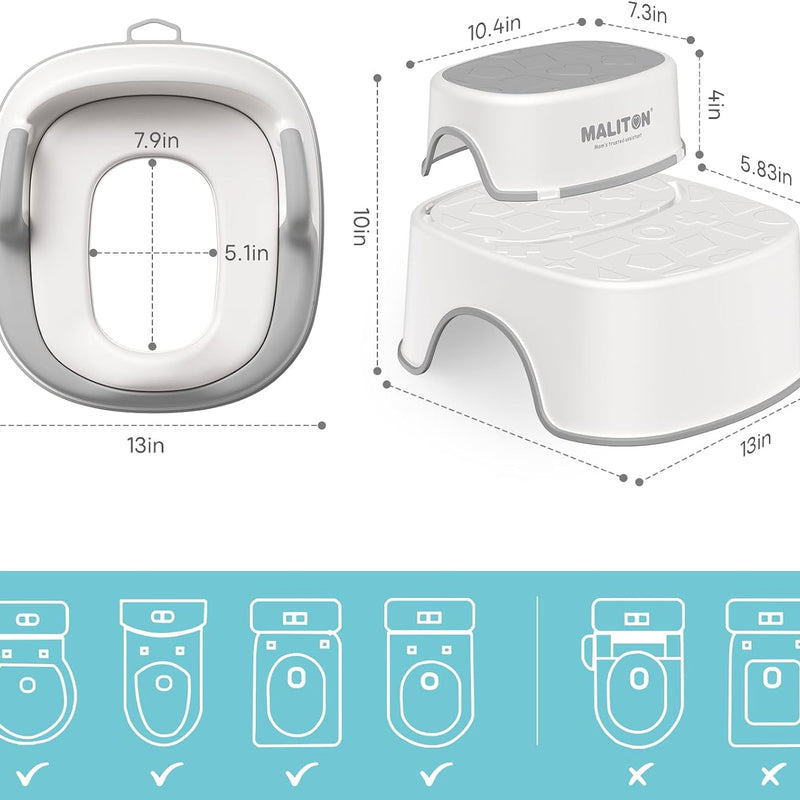 Maliton Potty Training Toilet Seat & Step Stool, 2-in-1 Anti-Slip Grey | Potty Seat + Separate Step Stool, Adjustable Fits More Toilets, Anti-Slip, Sturdy, Splash Guard, Easy clean，Boys & Girls.