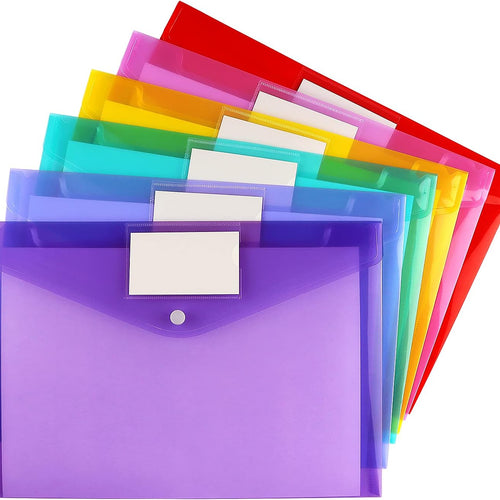 6 Pack Clear Document Folders Plastic Envelopes, A4 Size, 6 Colors | Poly Envelopes File Envelopes with Label Pocket and Snap Button, for Home Work Office Organization