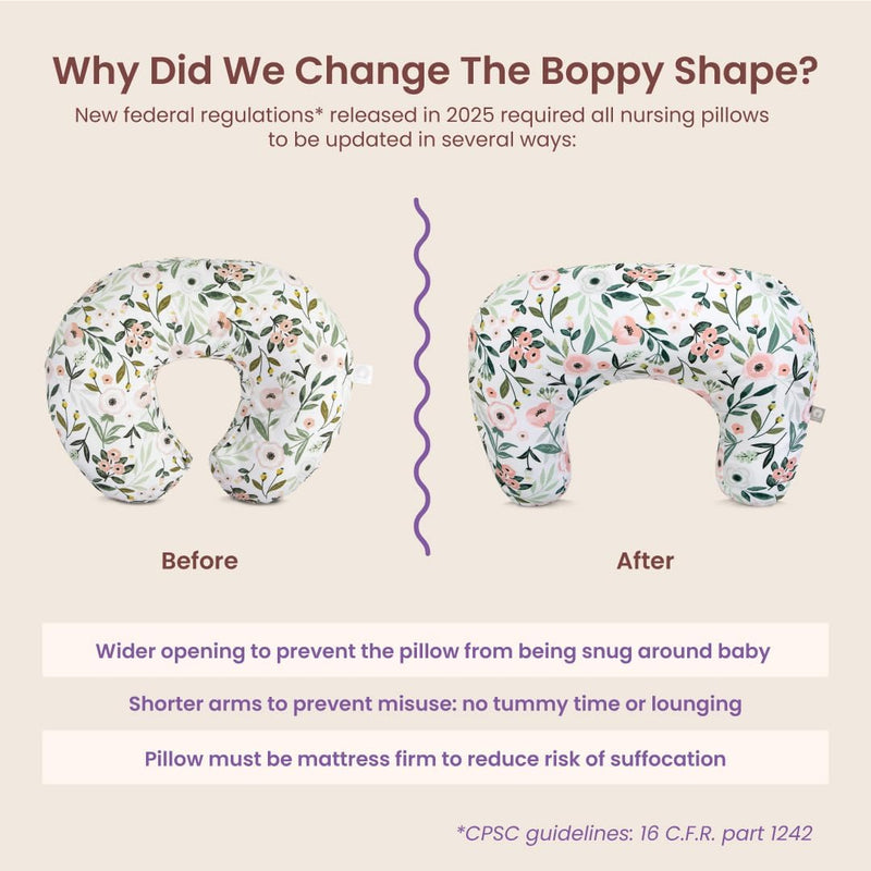 Boppy Nursing Pillow - Verified Safe Breastfeeding Pillow with Softer Fill for Comfortable Support, Machine Wash & Dry Cover, Non-Toxic Materials - Gray Gentle Leaves