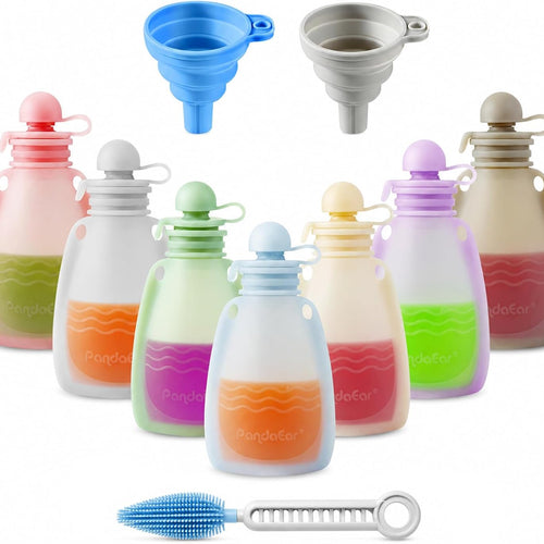 PandaEar 7 Pack Silicone Baby Food Pouches, Reusable Squeeze Pouches | BPA Free Silicone Pouches With Cleaning Brush for Toddler Kids, Refillable Food Storage, 5oz, Freezer & Dishwasher Safe