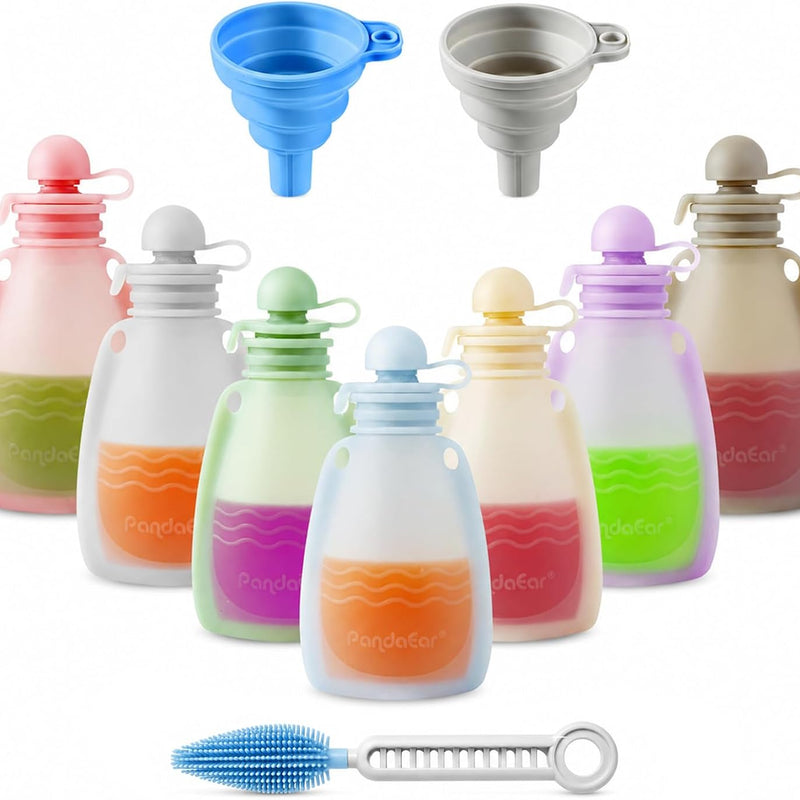 PandaEar 7 Pack Silicone Baby Food Pouches, Reusable Squeeze Pouches | BPA Free Silicone Pouches With Cleaning Brush for Toddler Kids, Refillable Food Storage, 5oz, Freezer & Dishwasher Safe