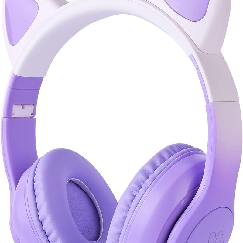 Cat Ear Kids Headphones Bluetooth, LED Light up Wireless/Wired Mode Over Ear Headphones with Build in Microphone for School/Travel (Purple)