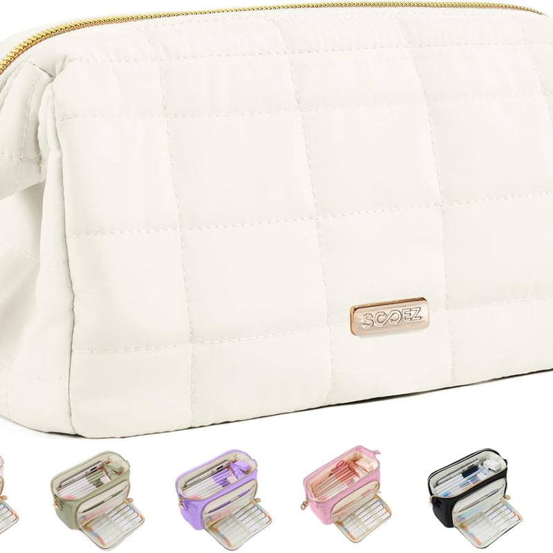 Sooez Large Pencil Case Pouch, Soft Pencil Bag with Zipper, Pen Bag Wide Opening, School Supplies Cute Pencil Case for Girls Boy Men Women, Beige