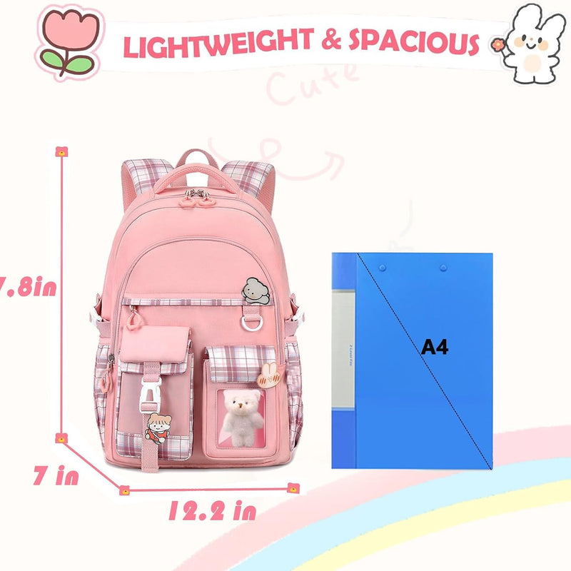 PRLINJSK Girls Backpack，Cute School Backpack for Girls Kids Teens，Kawaii Bookbag for Primary Elementary，Pink