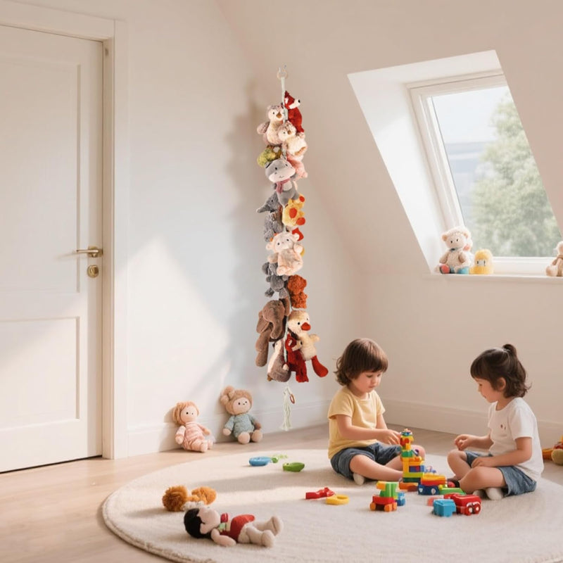 CERETIA 80" 2-Pack Cotton Hanging Storage Chain For Stuffed Animals Storage with 20 Metal Clips, Stuffed Animal Organizer Chain for Wall Corner Nursery Play Room, White