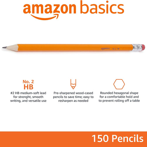 Amazon Basics Wood-Cased #2 Pencils for Writing, Drawing and Sketching, Pre-sharpened, HB Soft Lead with Erasers, Teacher Supplies, 150 Count, Yellow