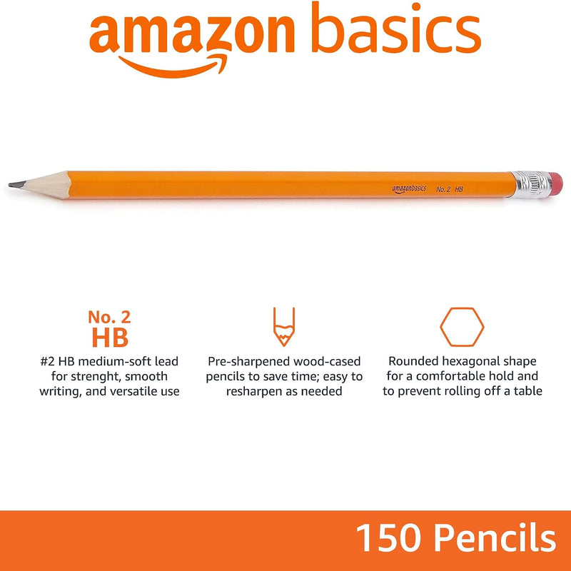 Amazon Basics Wood-Cased #2 Pencils for Writing, Drawing and Sketching, Pre-sharpened, HB Soft Lead with Erasers, Teacher Supplies, 150 Count, Yellow