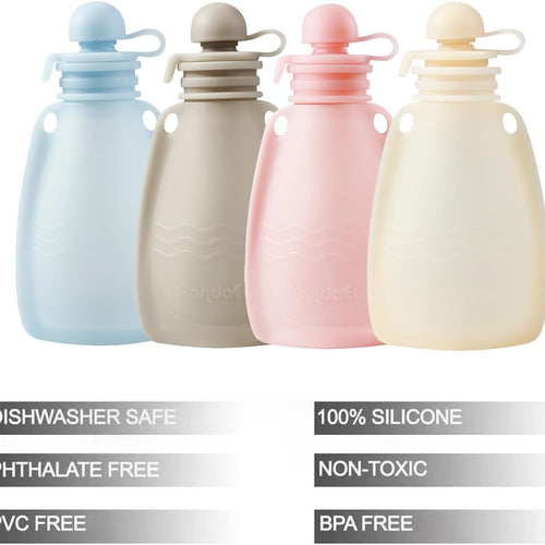 PandaEar Reusable Silicone Baby Food Pouches, 4 Pack Squeeze Pouches for Toddler Kids, BPA-Free Silicone Refillable Baby Food Storage, 5 oz