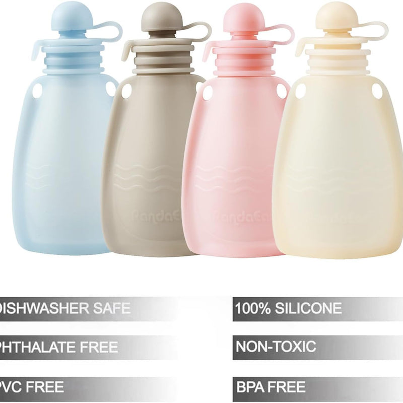 PandaEar Reusable Silicone Baby Food Pouches, 4 Pack Squeeze Pouches for Toddler Kids, BPA-Free Silicone Refillable Baby Food Storage, 5 oz