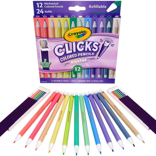 Crayola Clicks 2.0mm Mechanical Colored Pencil Set, 12 Pastel Colors, Cute School Supplies for Teachers, 24 Replacement Cores, Ages 6+