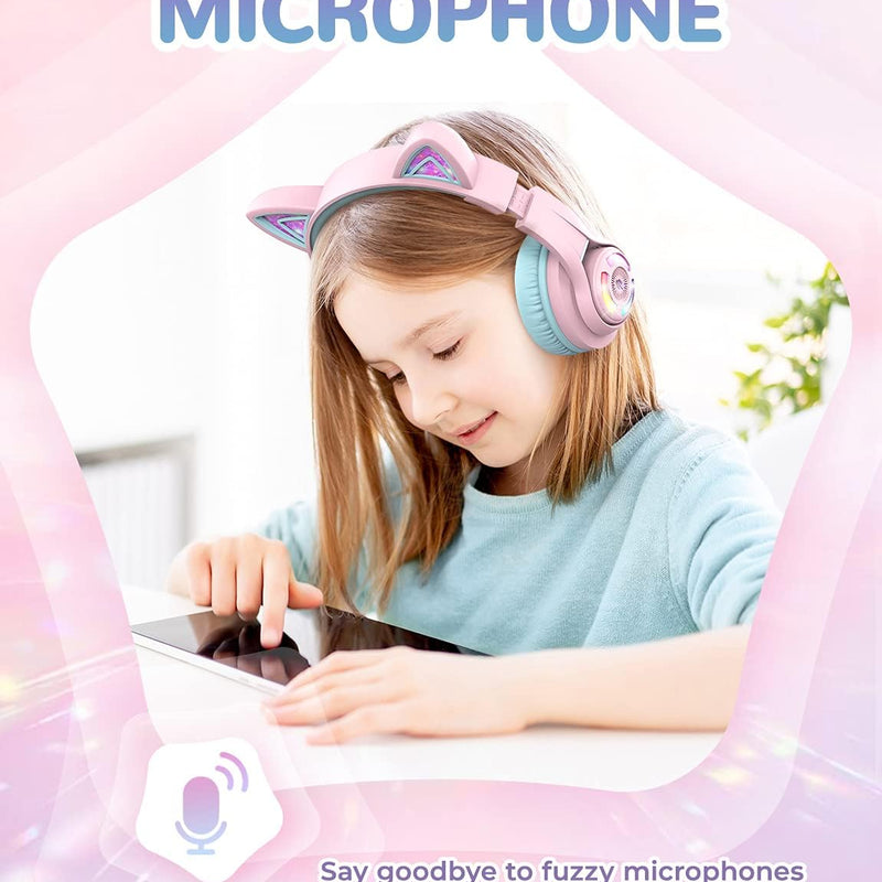 iClever Cat Ear Kids Bluetooth Headphones: Safe Volume, 50-Hour Playtime, LED Lights