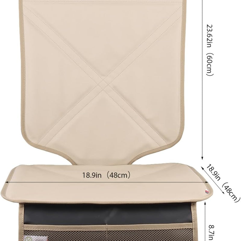 Viaviat Car Seat Protector Leather Waterproof Child Safety Seat Protector Cover with Thick Pad and 2 Large Pockets Durable Kick Mat for All Auto Seat (Beige)