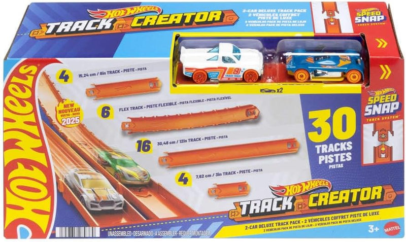 Hot Wheels Track Creator 2-Car Deluxe Pack with Speed Snap Track, 25ft, 1:64 scale die-cast toy vehicles